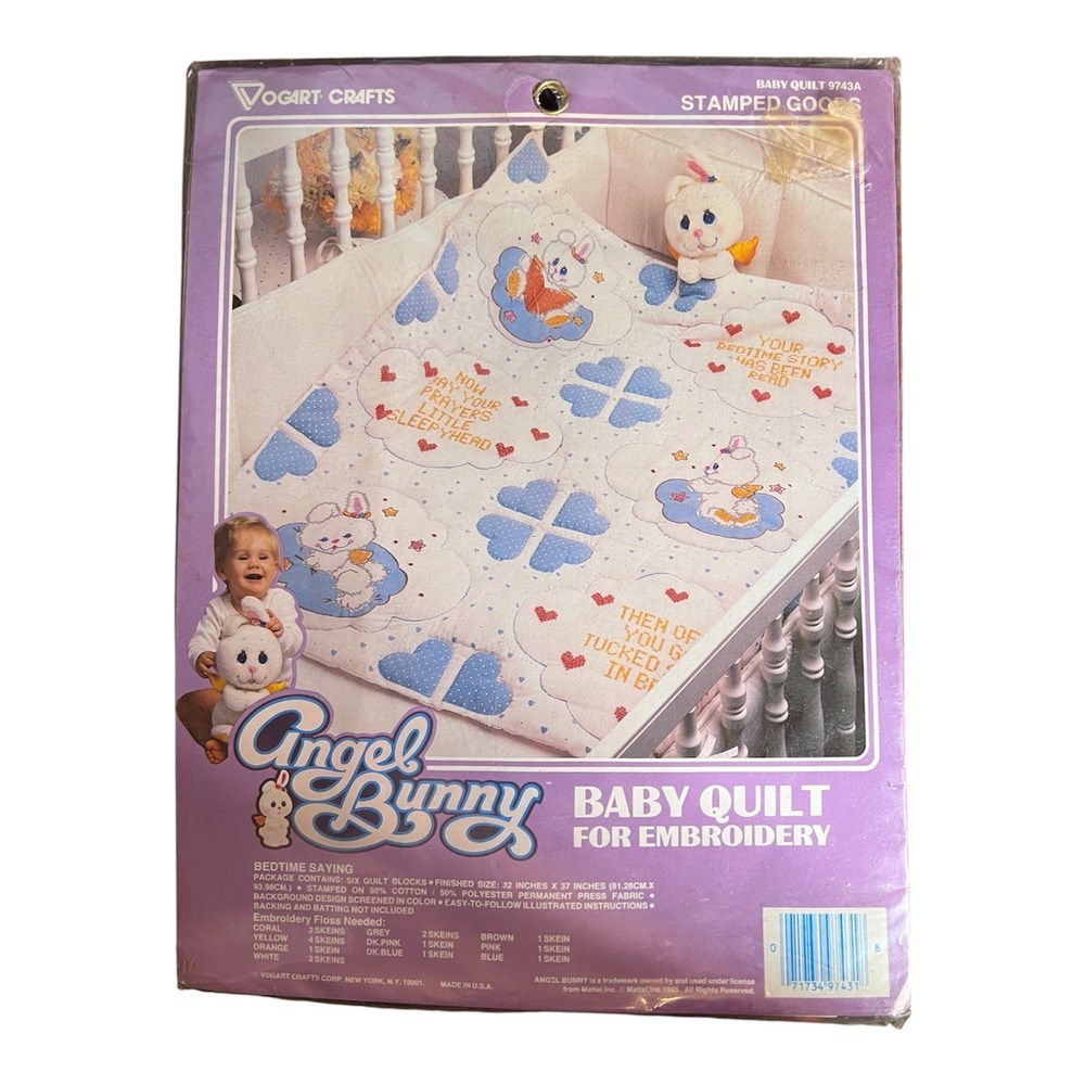 Vogart Crafts Angel Bunny Baby Quilt Kit 32x37 White New Vintage 1985 Stamped
